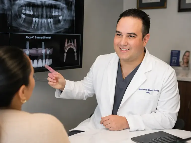Dr. Rodriguez reviewing a full-arch implant plan on screen with a patient